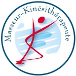 Logo d'une personne dessiné dans un cercle avec marqué masseur kinésithérapeute.